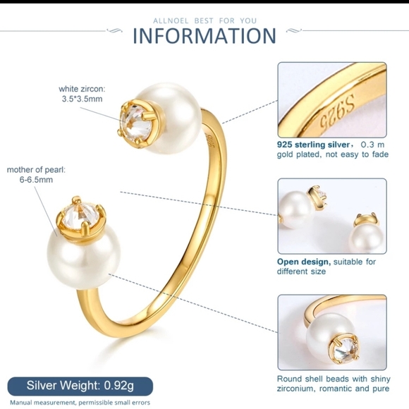 Vermeil Mother of Pearl Adjustable Ring - Picture 2 of 3